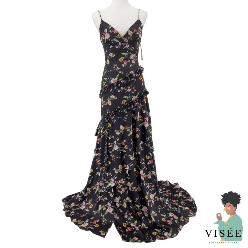 Theia Couture Floral Ruffle Raw Hem Slit Gown prom